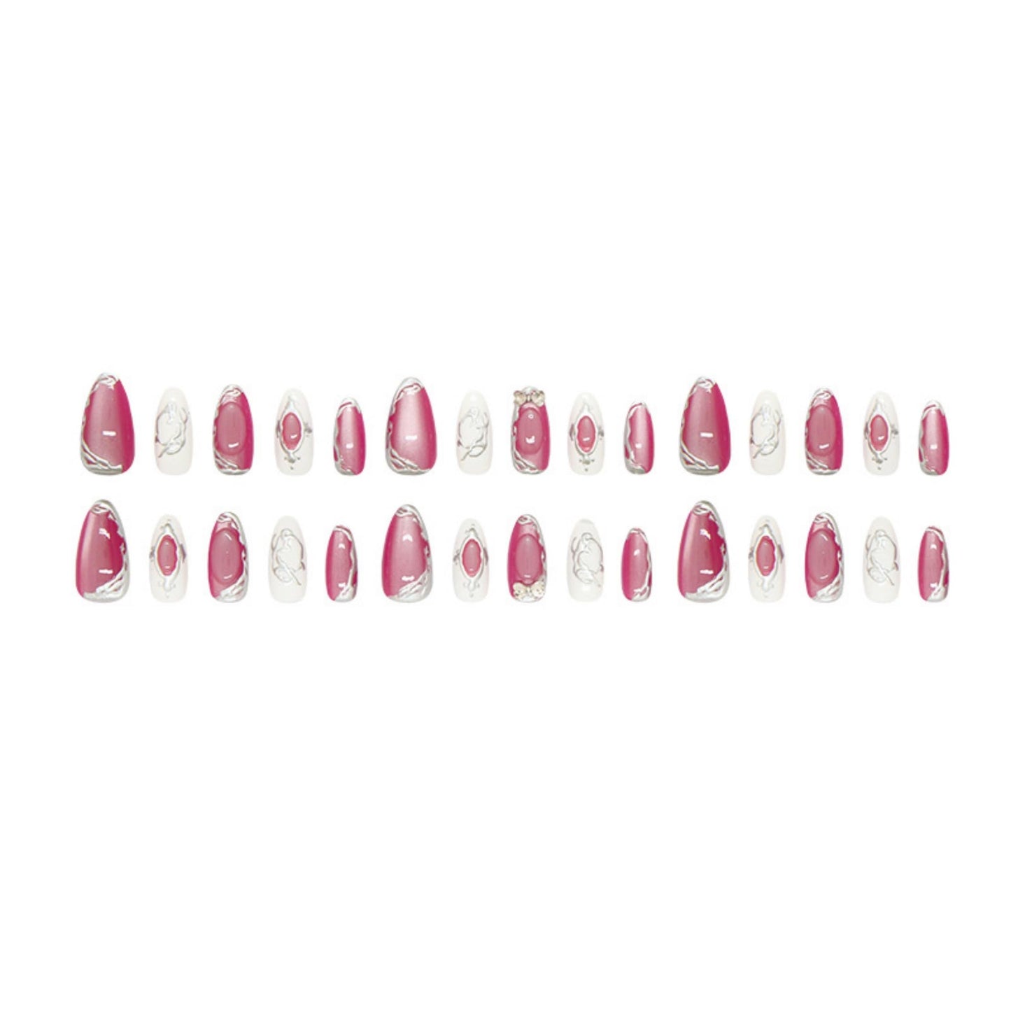 Almond Press on Nails Medium Fake Nails Pink Artificial Nail Cat Eyes Rhinestones Bow Handmade Sparkly Stick on Nail for Women 24pcs