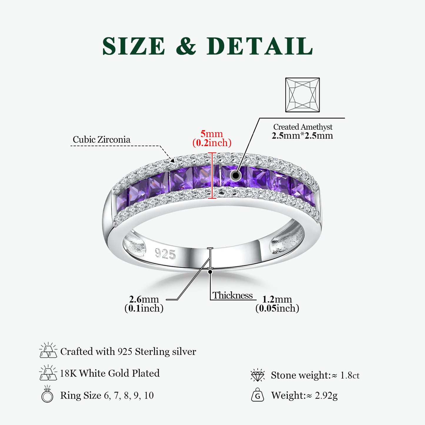 RANDES 925 Sterling Silver Amethyst Ring Half Eternity Band Rings for Women Channel Set February Birthstone Purple Ring Size 9