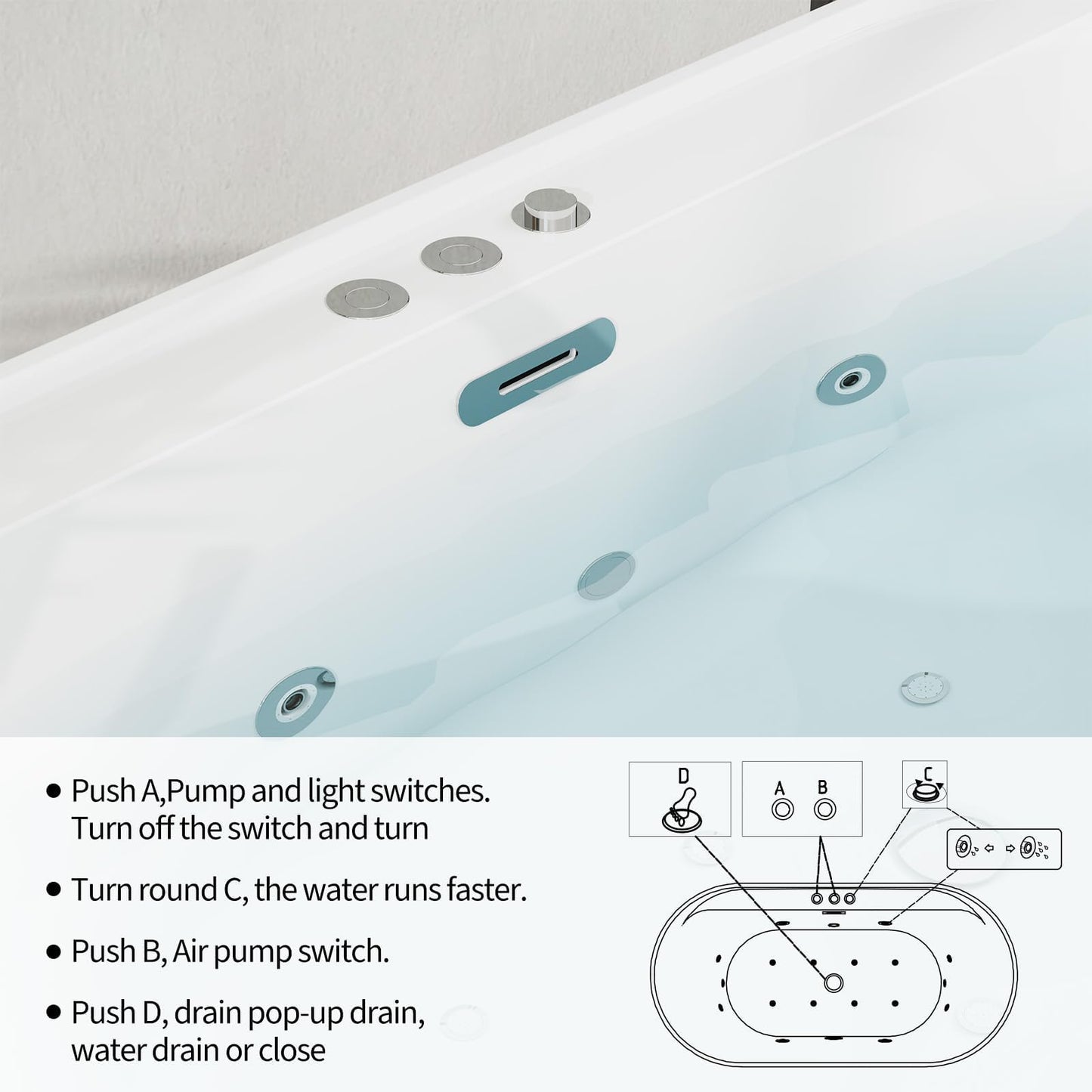 71 Inch Freestanding Acrylic Bathtub Soaking Tub with Adjustable Jets for Tub, Deep Ergonomic Bathtub, Water Jetted Air Bubble and Heated Combination Tub Bathtubs, CUPC Certified, Matte Drain, Gloss