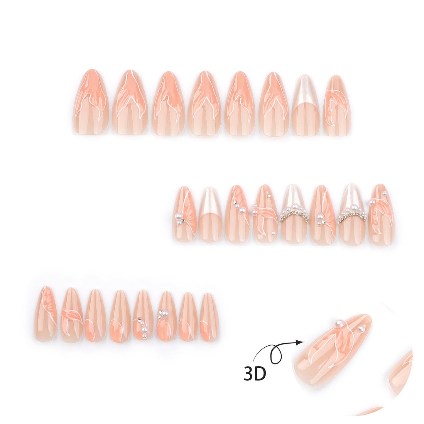 24Pcs Almond Press on Nails Medium Length 3D Fake Nails with Cute Mermaid Pearl Designs Charms Handmade Nail French Tip False Nails Press ons Summer Theme Stick on Nails for Women Manicure Decor