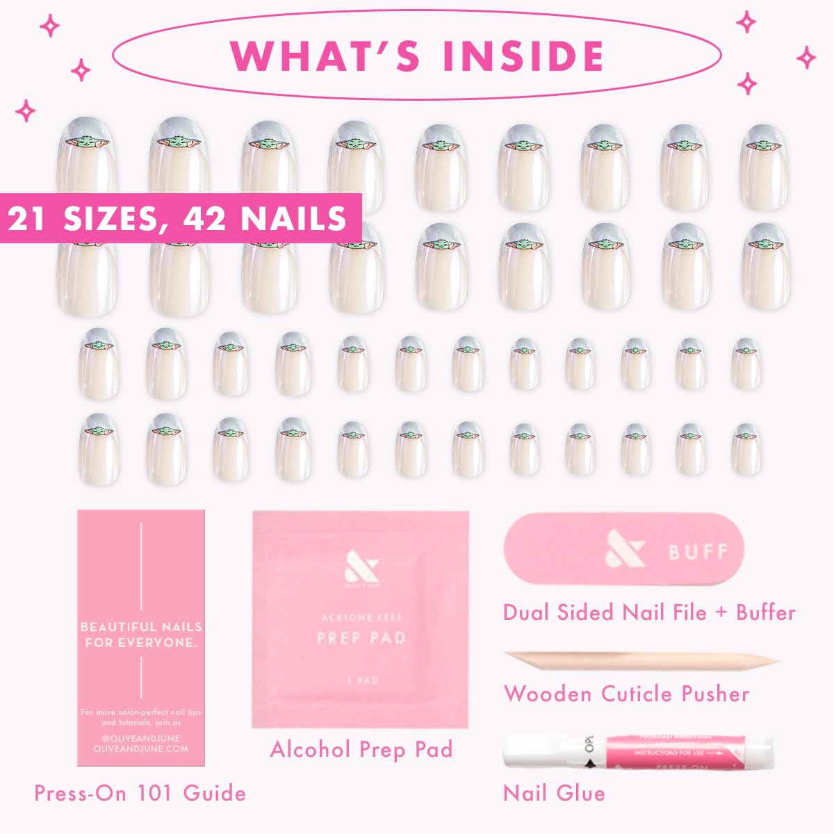 Olive & June Instant Mani Press-On Nails (Glue) | Star Wars: The Mandalorian & Grogu | 42 Fake Nails, 21 Sizes | Non-Toxic, Long-Lasting Up to 14 Days | Short, Round | Blue Chrome Grogu French