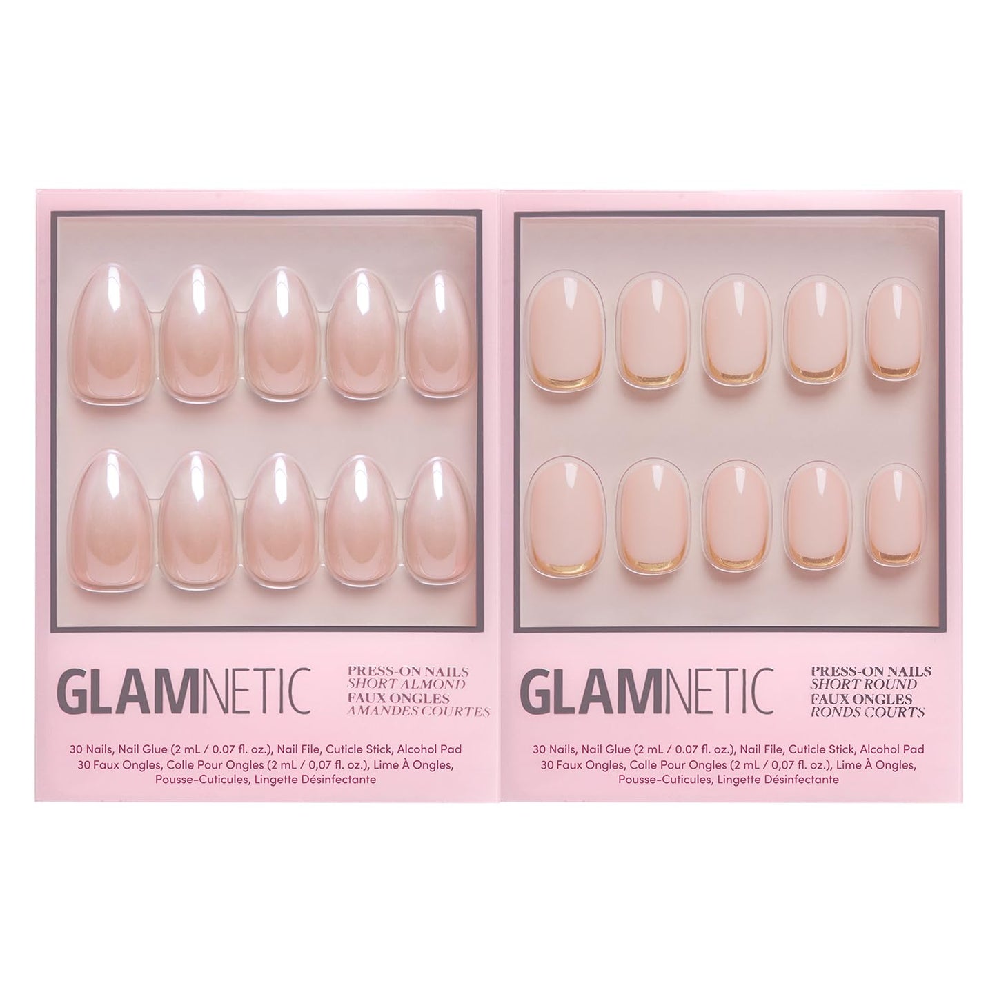 Glamnetic Press-On Nails Bundle - Fiancéd & Goal Digger | Short Almond Fake Nails with a Nude Ombré | Natural Short Round False Nails with Gold Foil | Reusable, Salon-Quality Nail Kits