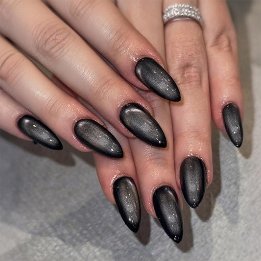 Black Press on Nails Medium Almond Fake Nails Glitter Nails Press ons with Design Full Cover Glue on Nail Stick on Nails for Women Manicure,Glossy | Reusable | Nail Sticky Tab | Easy Apply | 24Pcs