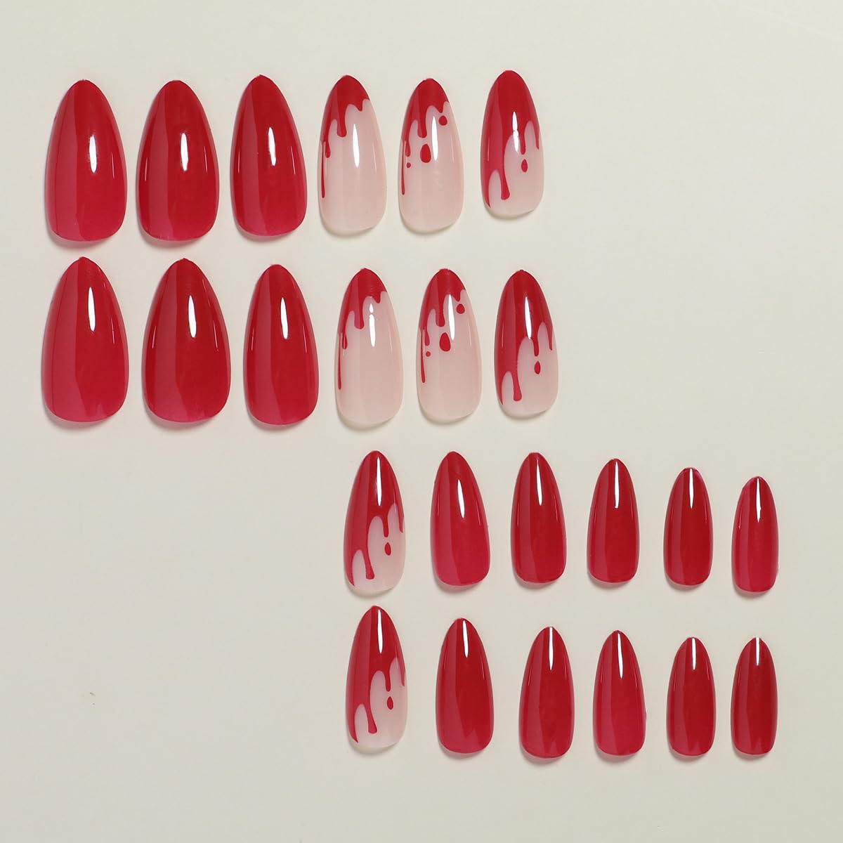 TOGZOM Red Almond Press on Nails Medium Halloween Fake Nails Blood Full Cover Acrylic Nails Horror Glue on Nails Press ons Glossy Stick on Nails Set for Women Girls Nails Decoration 24Pcs, Style18