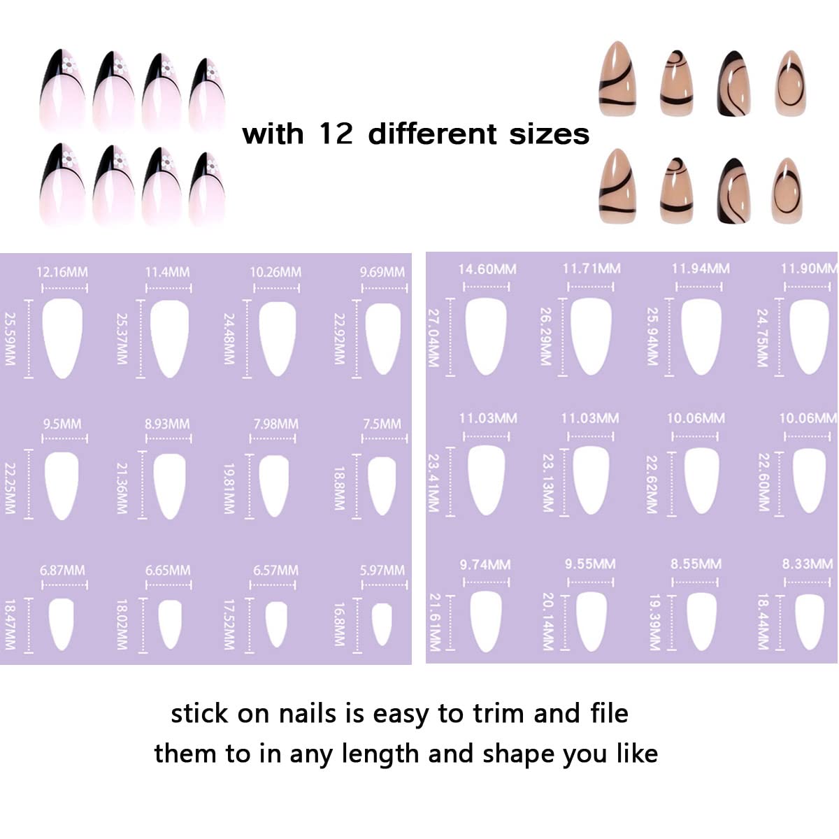 Press On Nails Short, Stripes French Fake Nails, 2packs (48 Pcs) Glossy Full Cover Acrylic Press on Nails Almond, Black Stick On Nails for Women and Girls