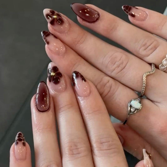 Kamize Short Almond Fake Nails Gradient Press on Nails Full Cover Acrylic Daisy False Nails Coffee Brown for Women 24PCS