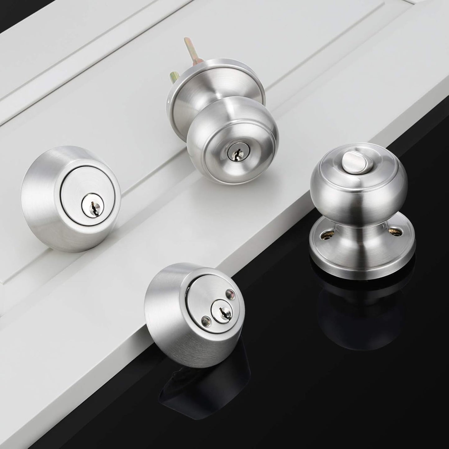 Brotima 3 Pack Keyed Alike Entry Door Knob and Deadbolt Set, Satin Nickel Double Cylinder Deadbolt Lock Set, Round Style Door Knobs Deadbolt for Exterior/Front Door