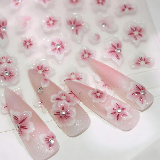 1Sheet Pink Flowers Nail Stickers for Nail Art 5D Embossed Cherry Blossoms Nail Art Stickers Pink White Floral with Rhinestones Design Spring Summer Nail Decals for Women Acrylic Manicure Decoration