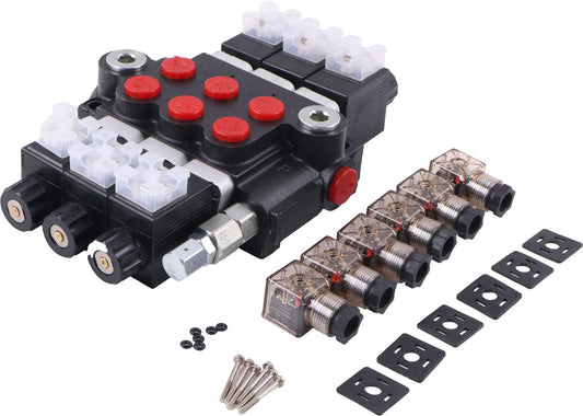 Solarhome 3 Spool Solenoid 12V DC Hydraulic Control Valve Open Center Double Acting 13 GPM 3600 PSI SAE Ports Compatible With Tractors Loaders Log Splitters