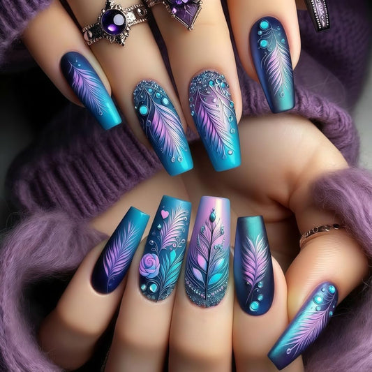 Square Ombre Press on Nails Set - Blue Purple Gradient Feather Pattern Fake Nails with Glue on Nail Acrylic False Nails Glossy Full Cover Stick on Nail for Women 24PCS