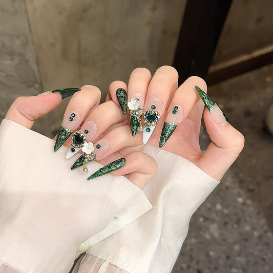JIEADJIE Press On Nails (100% Handmade),Length Version,Handmade Painted Nail Art by Nail Technician,Luxury Party and Holiday Styles (White green French, Medium)