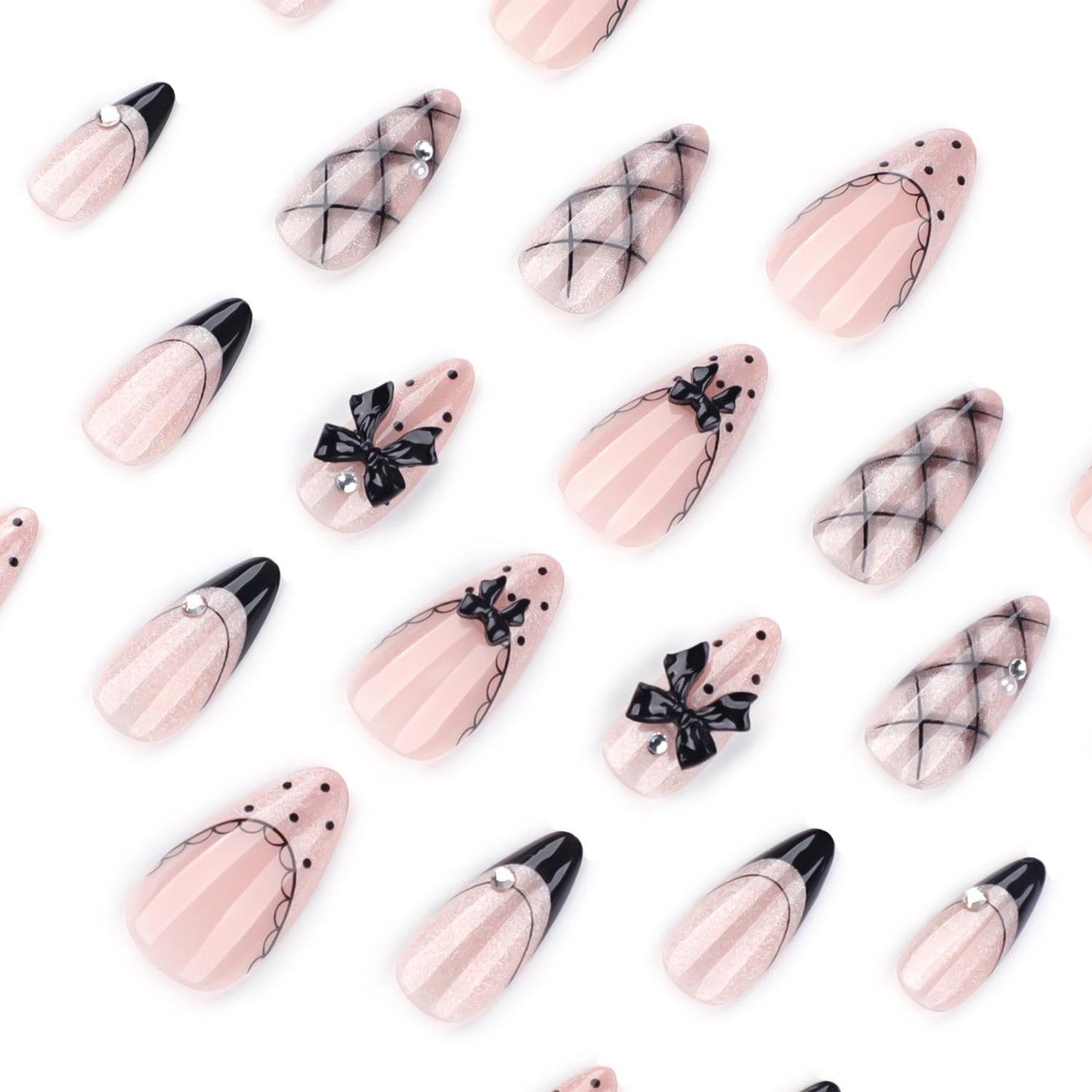 Black Silver Glitter Press on Nails Almond Shape, French Tip Grid Bowknot Design, Glossy Nude Base, Cute Cool Style False Nails for Girls and Women with Rhinestones, Daily Party Nail Art