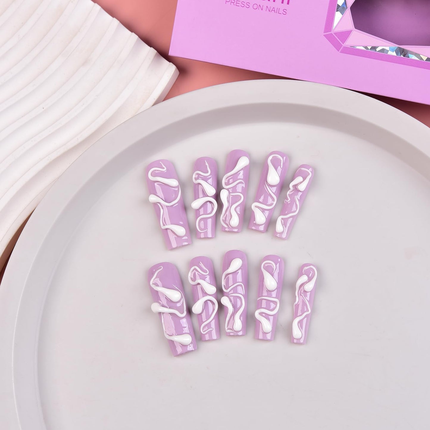 Tmani 10pc/set Long Handmade Press On Nail Hot Girl's Long Ballet Nails Square Nail Full of Diamond Glitter Decoration Fake Nails Suitable For Girls Festival Parties and Birthday Gift (249,L)