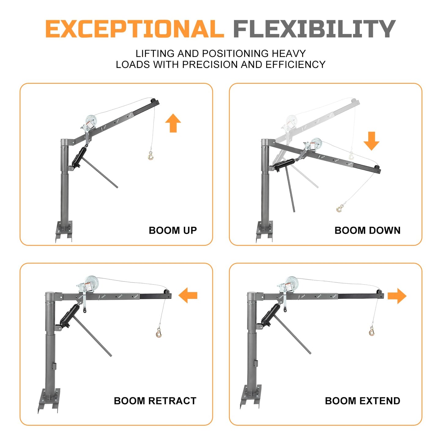 GarveeTech Hydraulic Pickup Truck Crane Hoist, 1000 LBS Capacity Manual Truck Crane with 4 Adjustable Load Levels 500/600/800/1000 LBS for Lifting Goods, Non-Electric Pickup Bed Crane, Silver
