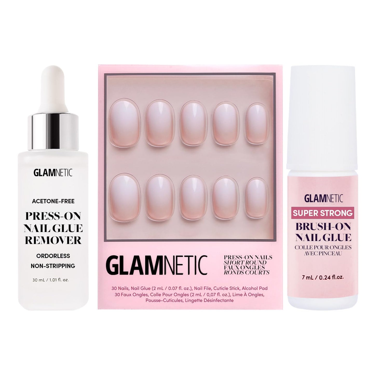 Glamnetic Press-On Nails - Creamer | Super Strong Brush On Glue & Press-On Nail Remover | Neutral Ombre Short Round Nails | 15 Sizes - 30 Nail Kit with Glue and Remover