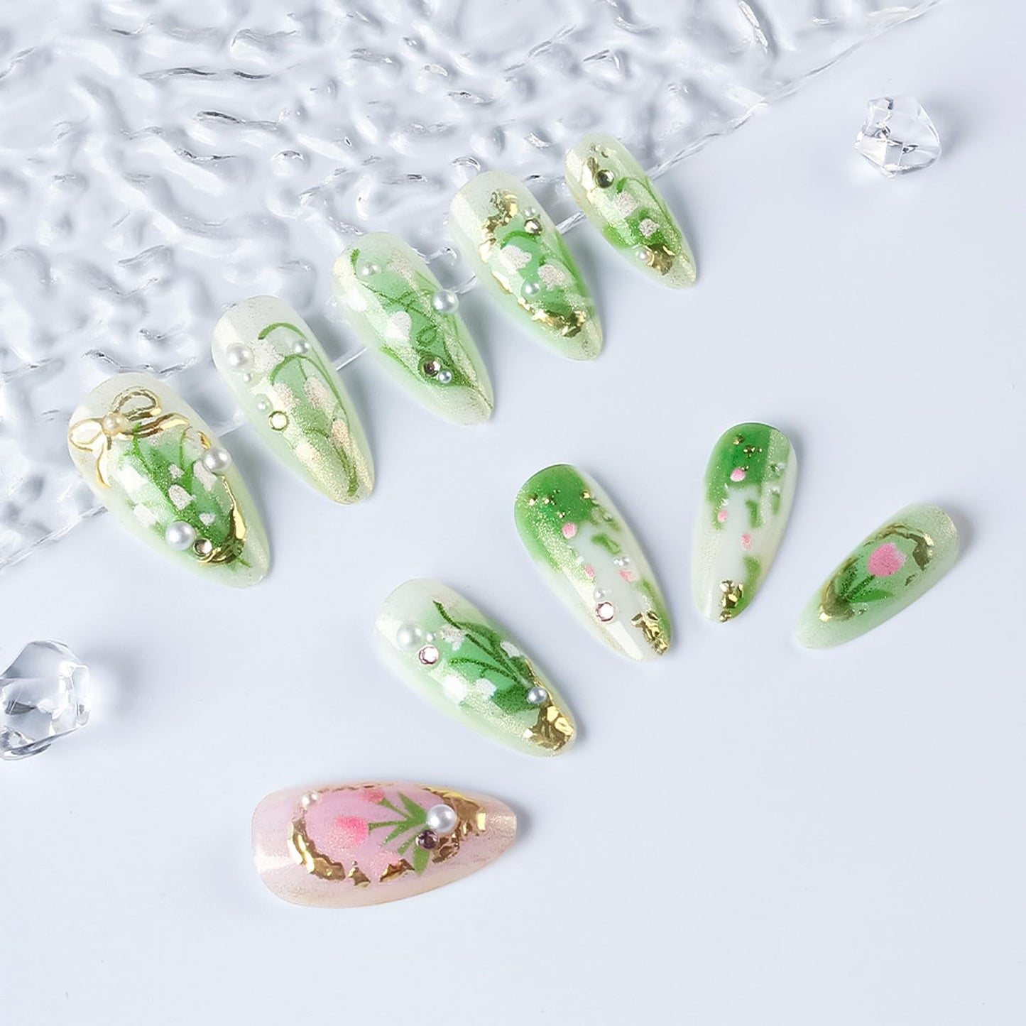 24Pcs Green Press on Nails Medium Almond Fake Nails with 3D Rhinestones Charms Handmade Nail Press ons Gradient Flower Plant Stick on Nails Almond Shape Acrylic Nails Artificial Nails for Daily Wear