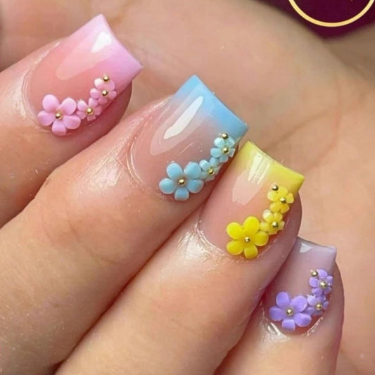 Flower Press on Nails Short Square Fake Nails Spring False Nails with Flowers Charms Design Gradient Colorful Artificial Nails Full Cover Glossy Summer Floral Stick on Nails for Women DIY Manicure