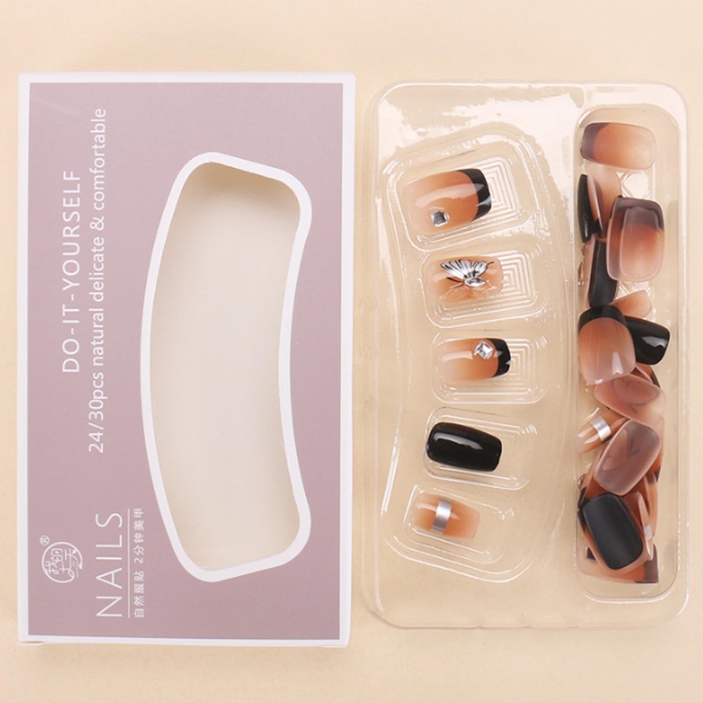 Hkanlre French Short Fake Nails Tips Square Black Press on Nails Butterfly Full Cover Rhinestones False Nails for Women 24PCS