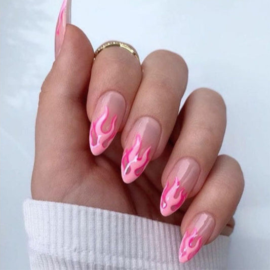 IMSOHOT Pink Press on Nails Medium Almond Fake Nails Flame Pattern Design Glossy French Tips Glue on Nails for Women DIY Charm Manicure 24Pcs