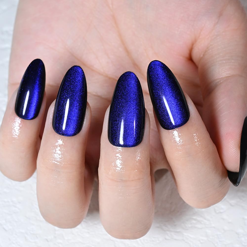 evpct Royal Blue Cat Eye Chrome Press on Nails Almond Medium No Glue, Holographic Medium Almond Stick on Fake Nails for Women, Glossy Cat Eye Effect, Perfectly Fit Salon-quality Soft False Nail