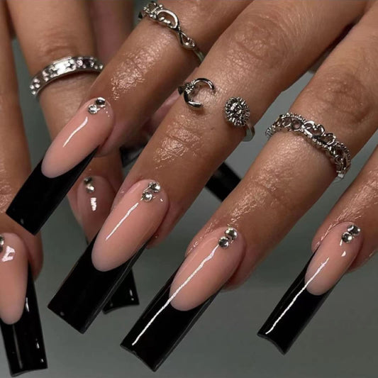 MISUD Press on Nails - Long Coffin Fake Nails with Black French Tip, Acrylic Rhinestone Design 24 pcs