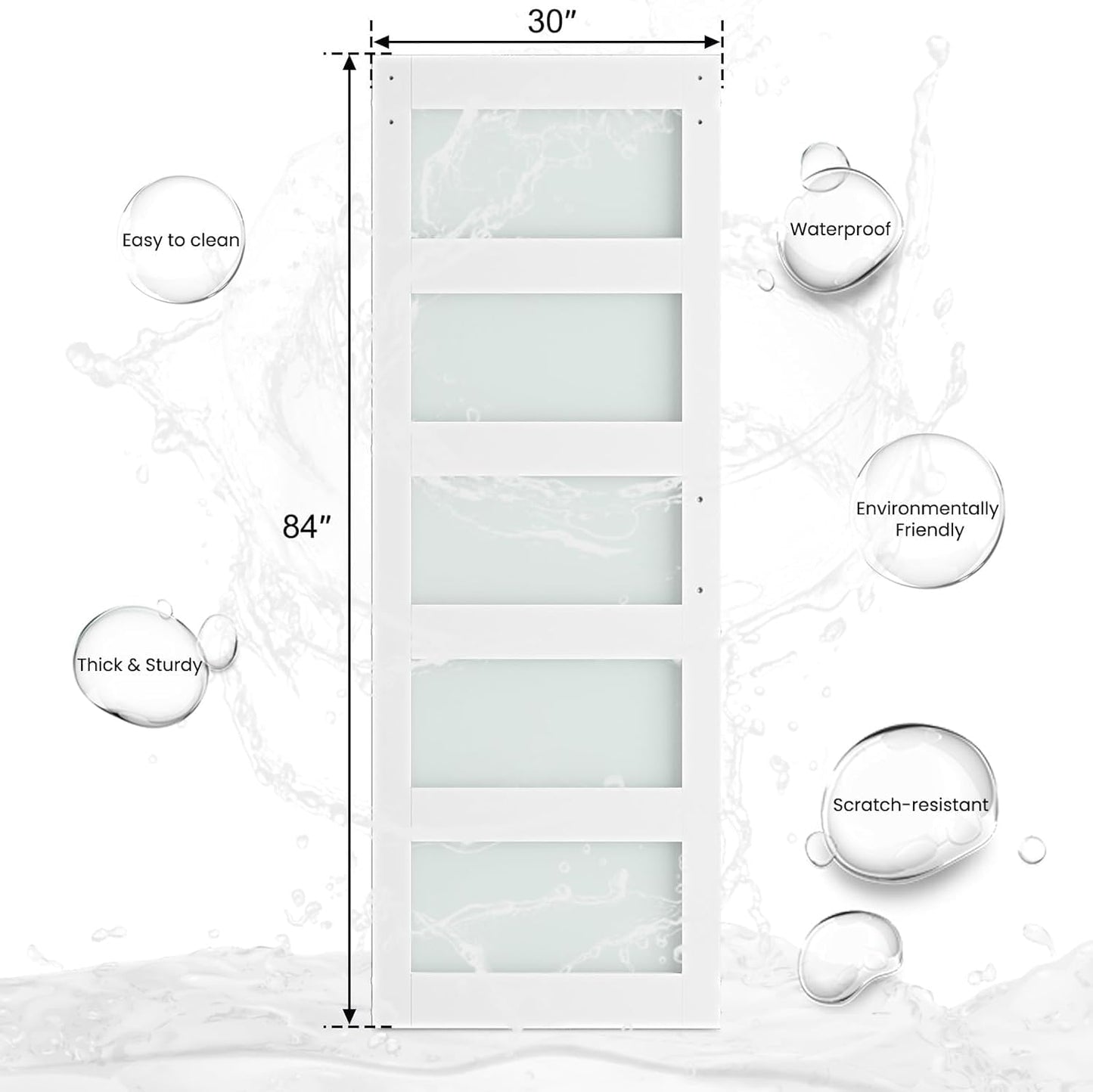 SMARTSTANDARD 30" x 84" Glass Barn Door with 5FT Hardware Kit Included, 5-Panel Glass, DIY Assembly Required, Waterproof PVC Coating, Pure White
