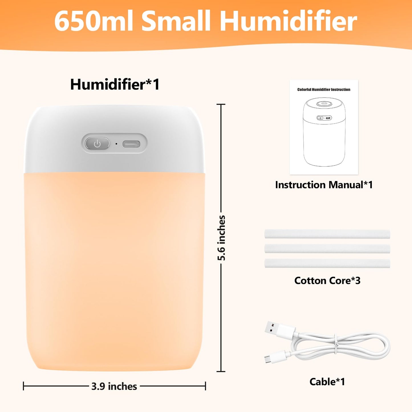 BAMCOO Portable Small Humidifier, 650ml Colorful Mini Humidifier for Bedroom, Office Desktop, Baby Room, Plants, Cool Mist Humidifiers(White)