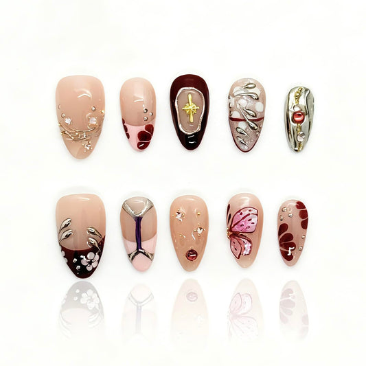 Reusable Press On Nails for Women & Girls - Short Almond Shape, Green Gradient with 3D Hand-Sculpted Florals, Holiday Party Manicure (D-Crimson Short, L)