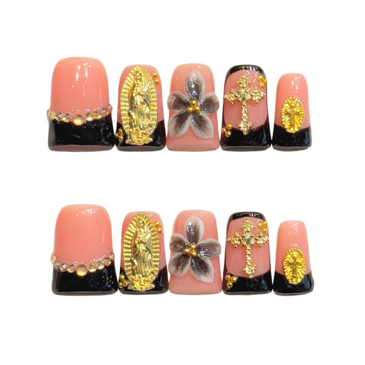 Tesytto Handmade Press On Nails Pink Black French Tip Short Duck with Virgin Mary Gold Cross 3D Flower Charm, Luxury Stick On Fake Nails for Women, 10 Pcs (Black Gold Floral Vow,S)