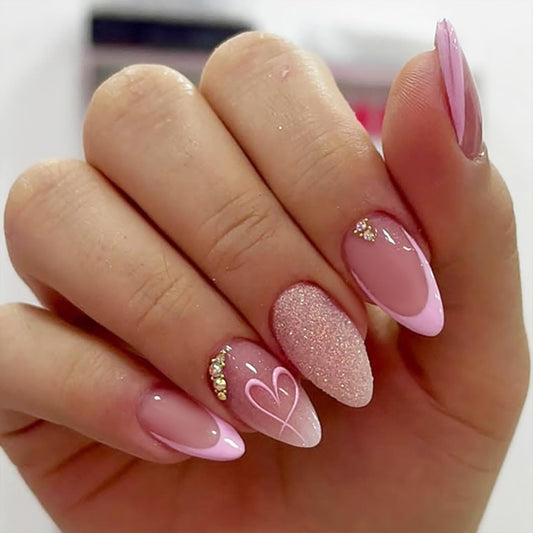 24Pcs Valentines Press on Nails Medium Almond French Tip Fake Nails Pink Heart False Nails Silver Glitter Full Cover Artificial Glue on Nails with Rhinestones Design Cute Stick on Nails for Women DIY