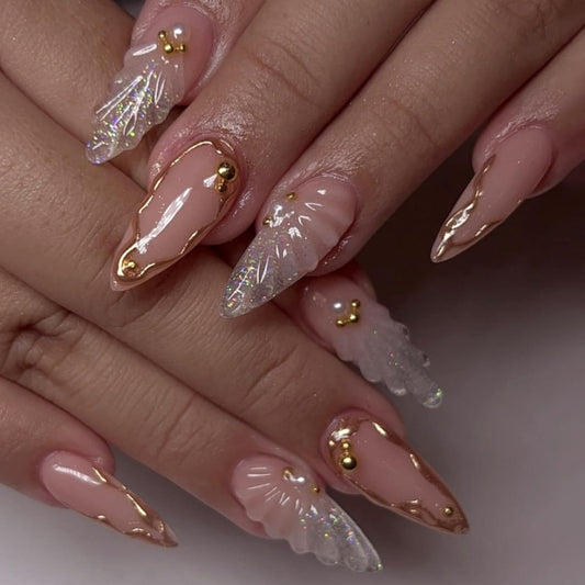 Gold Press on Nails Long Stiletto Fake Nails with 3D Seashell Pearl Design Stick on Nails Pink Glitter False Nails Summer Handmade Acrylic Glue on Nail for Women Girl Nail Art Decoration 24Pcs