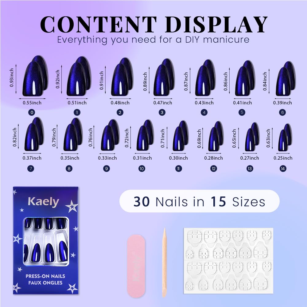 evpct Royal Blue Cat Eye Chrome Press on Nails Almond Medium No Glue, Holographic Medium Almond Stick on Fake Nails for Women, Glossy Cat Eye Effect, Perfectly Fit Salon-quality Soft False Nail