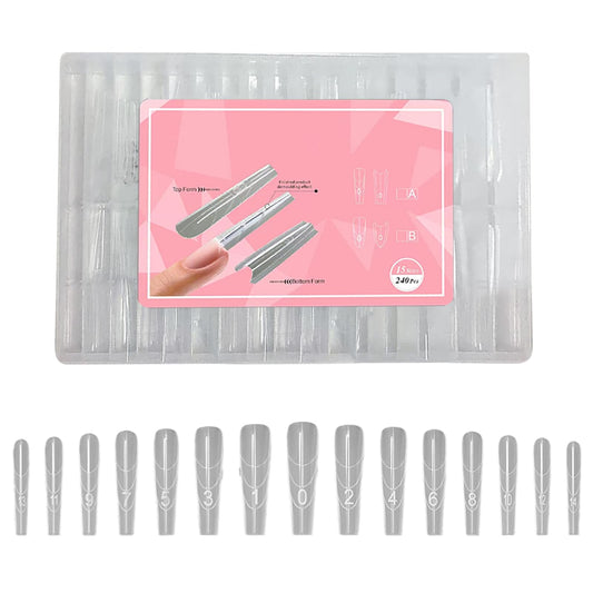 240 Pieces Sandwich Dual Nail Forms - Long Coffin/Almond Round, Quick Nails Extensions with Guide Lines,for Poly Gel and Builder Nail Gel, Reusable for Salon, DIY Nail Art (Transparent Long Coffin)