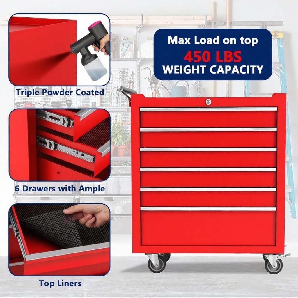 ActiveTrail Heavy-Duty Rolling Tool Chest with 6 Lockable Drawers, Featuring a Sturdy Metal Cabinet and Smooth-Wheeling Mobility, Includes Protective Drawer Liners for Secure Storage