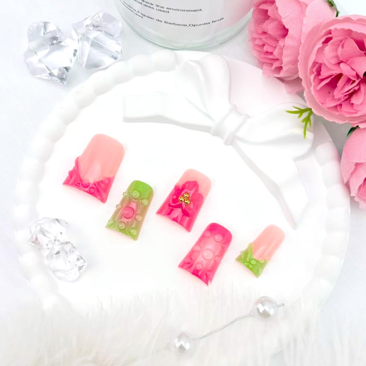 24Pcs Summer Press on Nails Short Duck Fake Nails Pink Green French Tip False Nails with 3D Flower Dewdrop Design Glitter Gold Gems Artificial Stick on Nails Full Cover Glue on Nail for Women Manicure