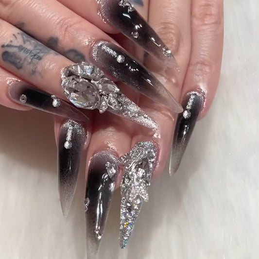 CJDLTS Almond Tip Press on Nails Long Length Glitter Diamond Design Black Gradient Acrylic False Nail Full Cover Artificial Stick on Nail 24Pcs Reusable Press Ons Glue on Nails for Women