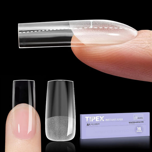 Tipex Instant Apex Nail Tips, Square Medium Gel Nail Tips, with 15g Tipex Nail Glue,Thicker Acrylic Nails, Strong Hard Clear Pre-etched Press-on Nails, for Flat Nails, 128pcs 16 Sizes