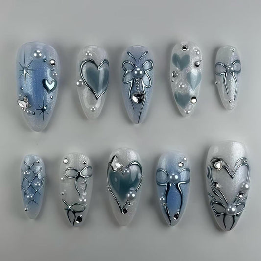 TBRZTR Press on Nails Medium Almond Artificial Acrylic False Nails 3D Love Heart Bow with Rhinestones Pearl Stick on Nail Full Cover Reusable Coffin Artificial Fingernails for Women Manicure 24Pcs