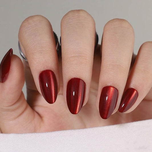 Red Magnet Short Almond Press on Nails - Aurora Mirror Chrome Cat Eye & Glitter Soft Gel Reusable Fake Nails for Women Girls, Daily Party Date, 32 Pcs 16 Sizes with Glue Kit