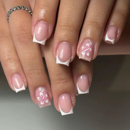 Floral Short Square Press on Nails Soft Nude Base Pink White Hibiscus Accents French Tips Glossy Finish Reusable Spring Nails Easy Apply Fashion Party Wear Durable Trendy Women Girls Nail Art 24 Pcs