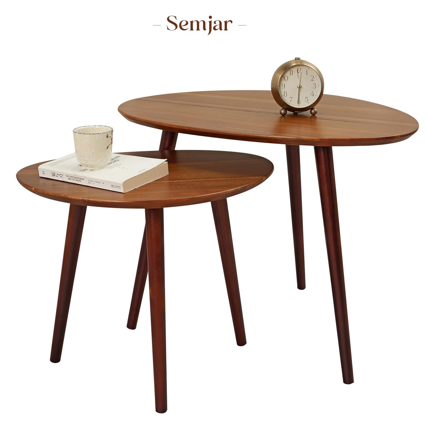Semjar Small Oval Coffee Tables Set,Acacia Wood Nesting Tables（25.6"x17.7"+17.7"x13.4" for Living Room Small Spaces Office,Easy Assembly Wooden Minimalist Walnut Mid Century Modern Coffee Table