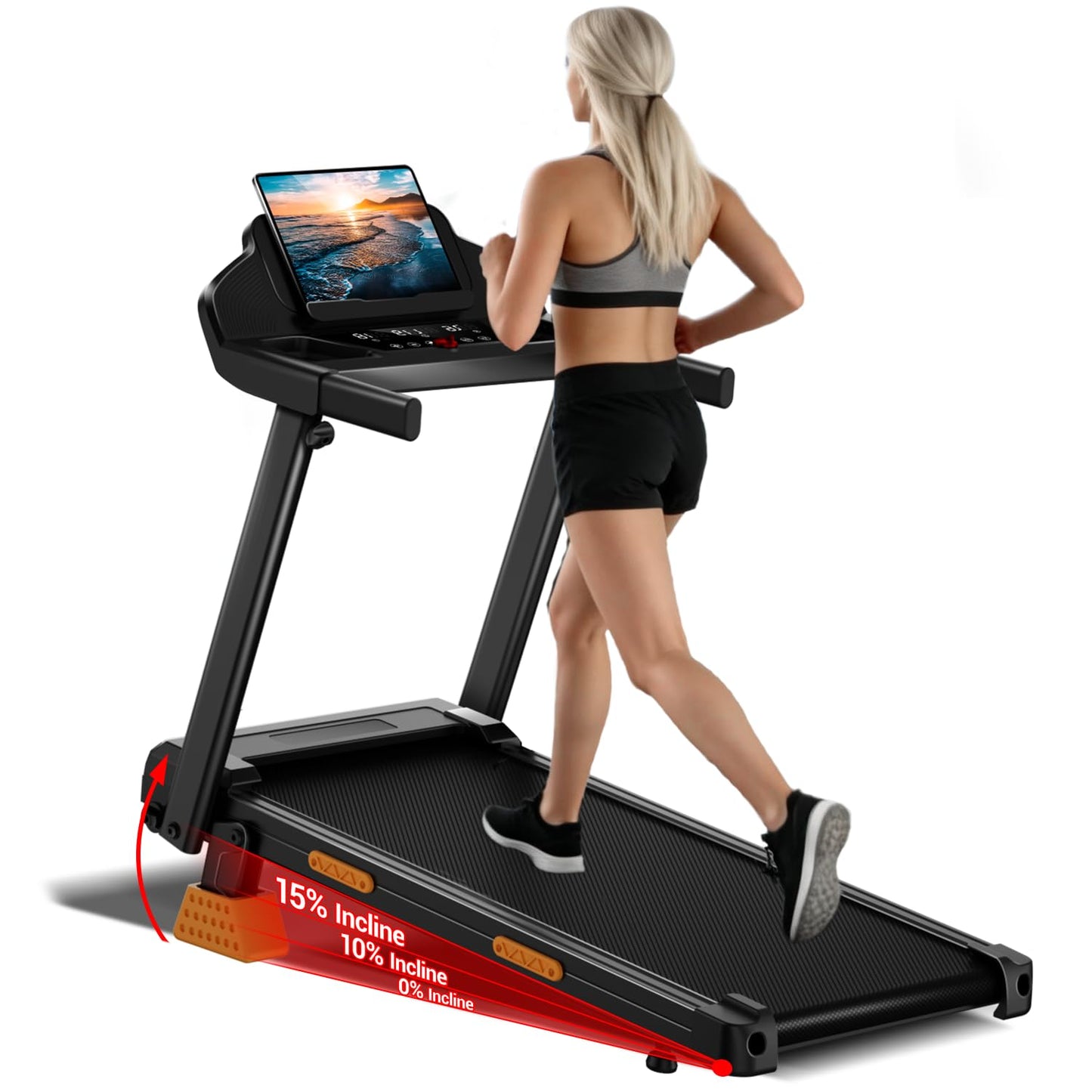 UMAY Treadmills for Home with 15% Incline, 7-Layer Shock-Absorbing Foldable Treadmill with Led Screen & Handle Bar Up to 400lbs Capacity, 3.0HP Walking Pad Treadmill Lower Noise/0.6-7.5MPH