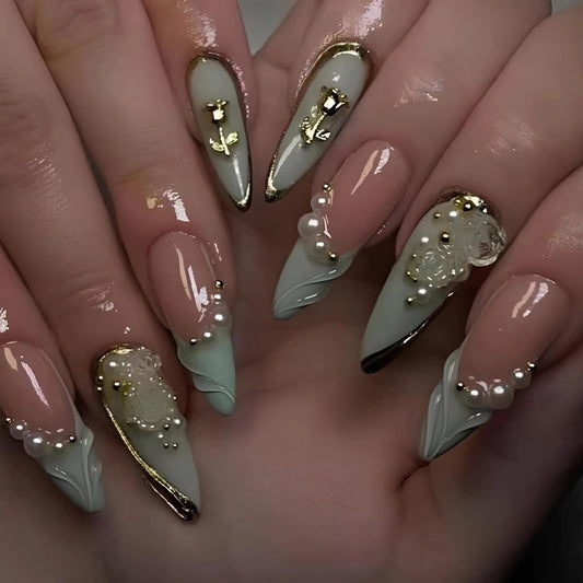 BABALAL Long Stiletto Nails Press on Green Fake Nails French Tip Glue on with Rose Charm Luxury Acrylic False Nails Flower with Design 24Pcs Almond Handmade Stick on for Women Girls