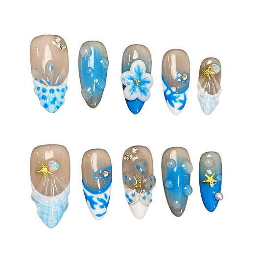 Handmade Press on Nails for Women - Medium Almond 3D Thick Acrylic Reusable Fake Nails with Designs Summer Floral Boho Funky Tropical Cute Nail-art Set 10pcs,blue-floral,S
