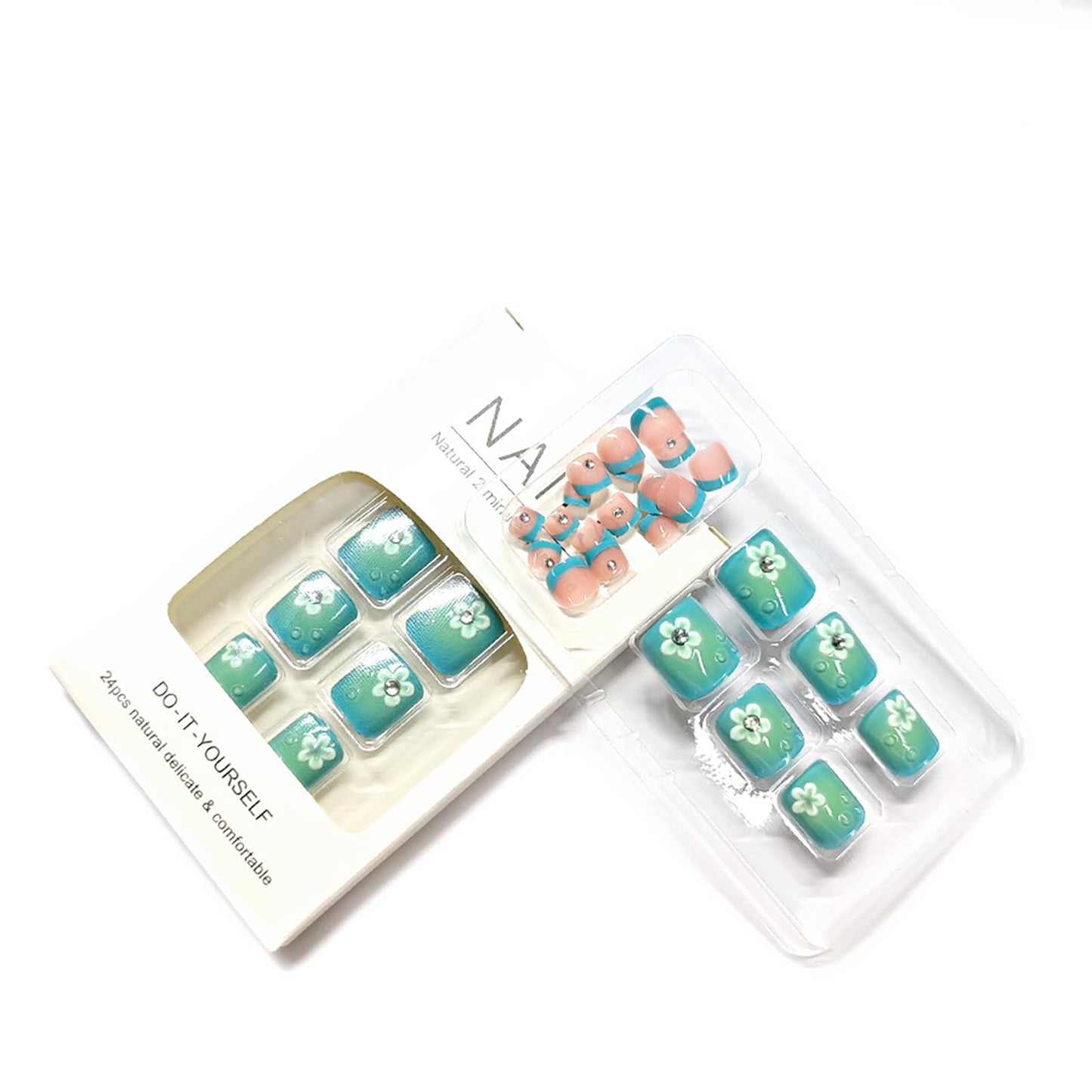 24Pcs Spring Summer Press on Toenails,Short Square Fake Toe Nails Green French with 3D Flower Rhinestones Designs Acrylic Toe Nail Press Ons Full Cover Glossy Stick on Toenails for Women