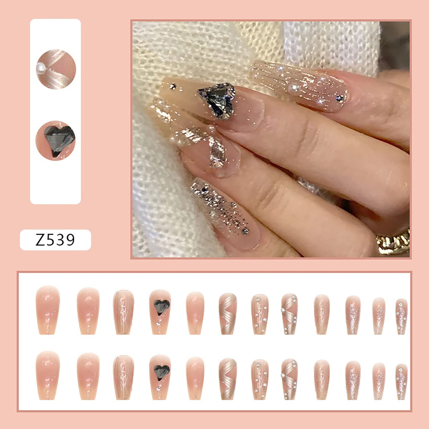Press on Nails Square Medium Length, Artificial Acrylic Fake Nails with Heart Rhinestone Pearl Designs, 24Pcs Full Cover Reusable Coffin False Nails, Women Glue on Nails, Stick on Nails for Nail Art