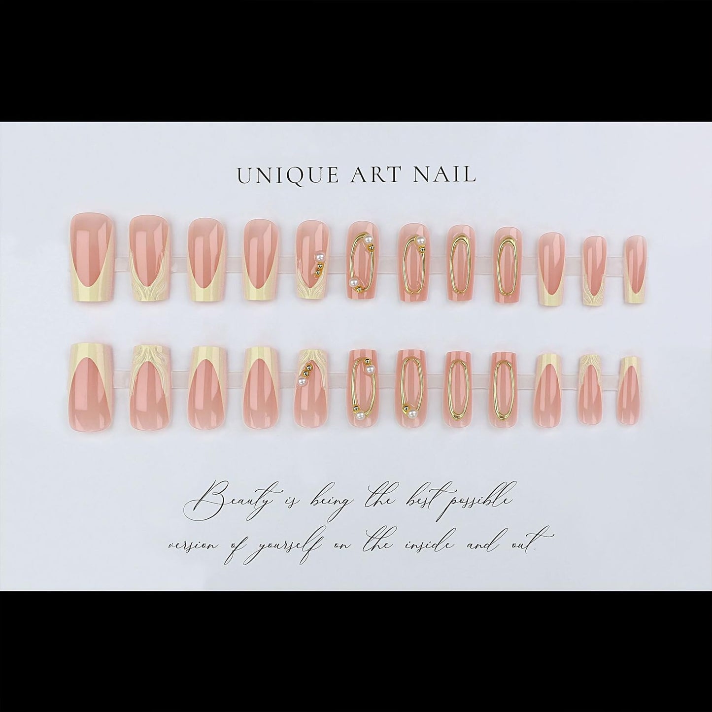 Medium Press on Nails Square Fake Nails with Gold Hollow-Out Pearl Design French Tip False Nails Press ons Glossy Full Cover Acrylic Nails Reusable Artificial Nails for Wommen Girls