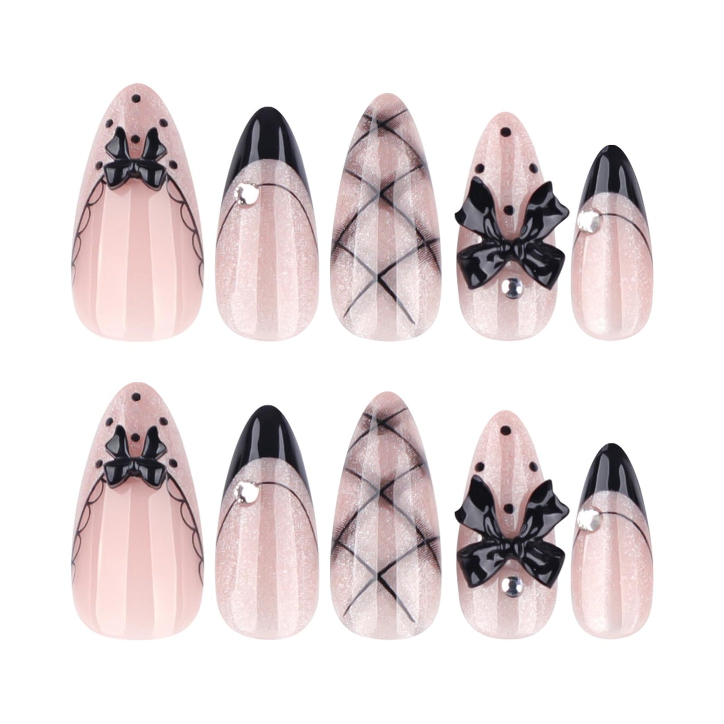 IMSOHOT Medium Almond Press on Nails, Goth Black Bow Design, 24 Pcs Glossy Fake Nails with 3D Ribbon & French Tip Pattern for Women Girls