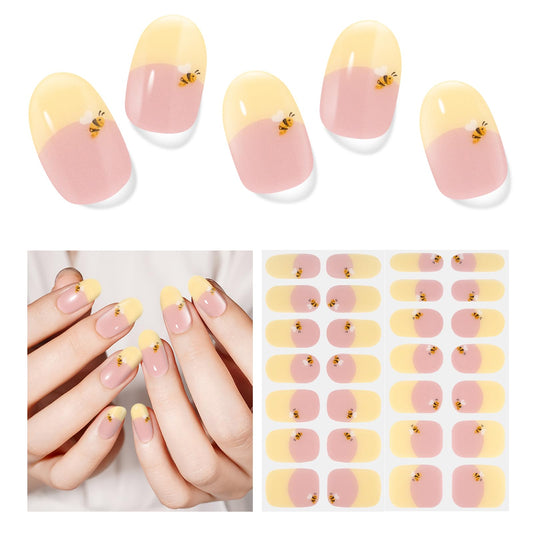 DUKASOU Semi Cured Gel Nail Strips,28 pcs French Gel Nail Stickers with UV Light Required,Long Lasting Nail Art Stickers, Easy to Apply（French Yellow）