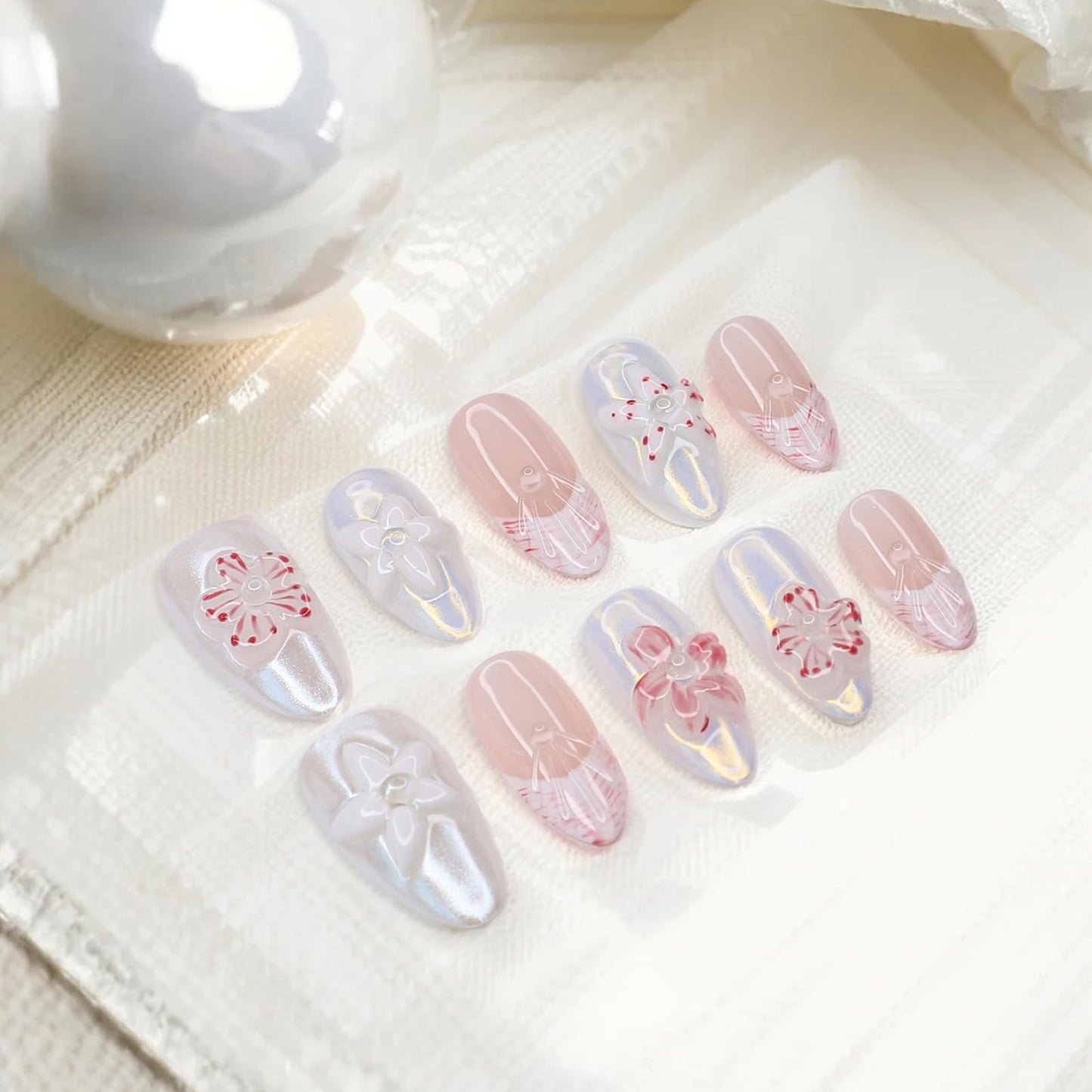Handmade Press on Nails Luxury 3D Flower False Nails Designs Thickened Salon Quality Acrylic Nails Full Cover French Tip Fake Nails Medium Almond Stick on Nail for Women DIY Manicuare（Size S)